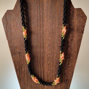Black Coral, Pink Coral, And Jade Beaded Triple Strand Necklace